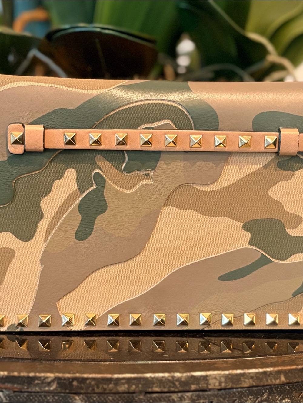 Valentino Camouflage Studded Rockstud Clutch in Tan and Green